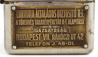 cca 1930 Corvinia biztosító fém feliratos persely. Kulcs nélkül 8x7 cm