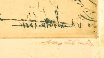 Olvashatatlan jelzéssel: Téli táj. Színes rézkarc, papír, jelzett, feltekerve, kissé sérült a feltek...