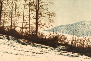 Olvashatatlan jelzéssel: Téli táj. Színes rézkarc, papír, jelzett, feltekerve, kissé sérült a feltek...