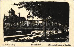 Esztergom, Lőrinc utcai vashíd és a Bazilika, tollrajz s: K. Farkas (EK)