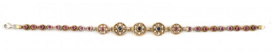 Aranyozott ezüst(Ag) karkötő, színes kövekkel, pótolt kapoccsal, jelzett, h: 21 cm, bruttó: 16,65 g