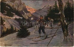 1915 Skipatrouille / WWI Austro-Hungarian K.u.K. military art postcard, ski patrol (szakadás / tear)