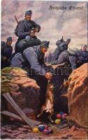 Fröhliche Ostern! / WWI Austro-Hungarian K.u.K. military art postcard, Easter greeting, soldiers with rabbits and eggs s: C. Benesch (EK)