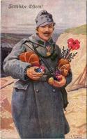 Fröhliche Ostern! / WWI Austro-Hungarian K.u.K. military art postcard, Easter greeting, soldier with eggs s: C. Benesch (EK)