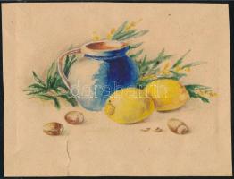 Szekeres Borbála (1892-1952): Csendélet citrommal és mogyoróval. Akvarell, papír, jelzés nélkül 14x19 cm Szakadással