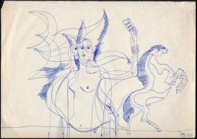 Péli Tamás (1948-1994) : Háromfejű alak és ló. Toll, papír, jelzett 29,5x21 cm