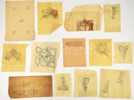 Borda János (1908-1978), 13 db mű: Népies, florális és egyéb tervek (1930-40 körül). Ceruza, pauszpapír, papír, 1 db jelzett. Hajtásnyomokkal, részben sérült, 14,5×12 és 28x33 cm közötti méretben.