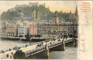 1906 Salzburg, Gesammtansicht mit Festung Hohensalzburg u. Stadtbrücke / castle, bridge, shops. J. Bettenhausen No. 181. (EB)