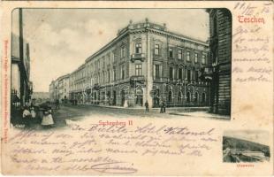1903 Cieszyn, Teschen; Sachsenberg II, Olsawehr / street view, Café Bomba, Olza river, dam. Verlag Hutterer (fl)