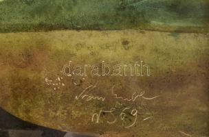 Szász Endre (1926-2003): Szürreális táj lebegő férfi alakkal, 1969. Olaj, műanyag lemez, jelzett. Sé...