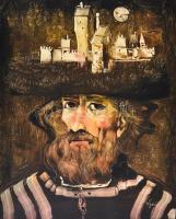 Olvashatatlan jelzéssel: Szürrealista portré. Olaj, farost.  40x30,5 cm