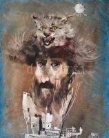Olvashatatlan jelzéssel: Szürrealista portré macskafejjel. Olaj, farost. 36x30,5 cm