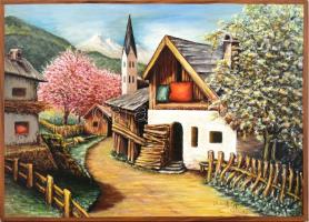Rárok Gy. B. P. 76. jelzéssel: Alpesi táj faluval. Olaj, vászon. 50,5x70,5 cm