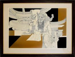 Szász Endre (1926-2003): Írástudó törpék. Szitanyomat, papír, jelzett, üvegezett fa keretben. 47x66 ...