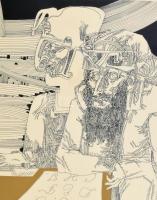 Szász Endre (1926-2003): Írástudó törpék. Szitanyomat, papír, jelzett, üvegezett fa keretben. 47x66 ...