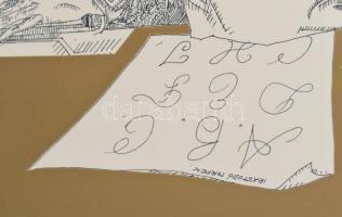 Szász Endre (1926-2003): Írástudó törpék. Szitanyomat, papír, jelzett, üvegezett fa keretben. 47x66 ...