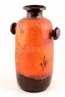 Nagy méretű retro barna-narancssárga padlóváza két füllel, mázas kerámia, jelzett, alján csorbákkal, m: 51 cm