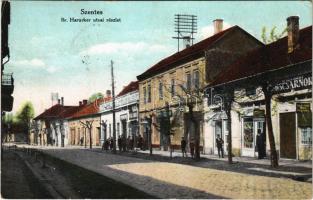 Szentes, Báró Harucker utca, húscsarnok, üzletek. Ifj. Molnár Ferenc kiadása (EK)