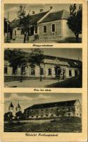 1943 Fertőszéplak, Római katolikus iskola és templom, Hangya Szövetkezet üzlete. Steegmüller fényképész (EK)