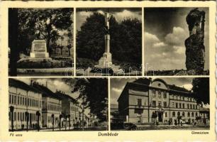 1942 Dombóvár, Hősök szobra, emlékmű, Országzászló, Dombó Pál várrom, Fő utca, Gimnázium, automobil (EK)