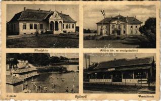 1939 Gyömrő, Községháza, Főbírói hivatal, Országzászló, Tófürdő, fürdőzők, vasútállomás (lyuk / hole)