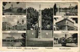 1944 Győr, Országzászló, Karmelita templom és rendház, Széchenyi tér, Rába, csónakok, Hotel Royal szálloda, Papnevelde és Püspökvár (EK)