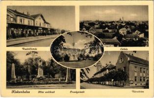 1940 Kiskunhalas, Vasútállomás, vonat, látkép, Országzászló, Hősök szobra, emlékmű, Városháza