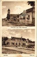 1940 Apostag, utca, Evangélikus templom, Hősök tere, Országzászló, Hősök szobra, emlékmű. Bencze Nővérek kiadása (EK)
