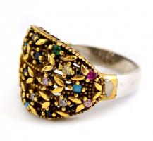Aranyozott ezüst(Ag) gyűrű, színes kövekkel, jelzett, méret: 56, bruttó: 5,14 g