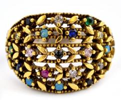 Aranyozott ezüst(Ag) gyűrű, színes kövekkel, jelzett, méret: 56, bruttó: 5,14 g