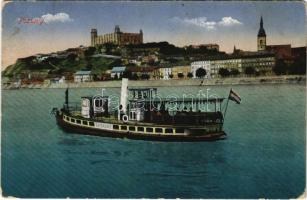 1916 Pozsony, Pressburg, Bratislava; vár, "Országház" átkelő csavargőzös / castle, steamship (kopott sarkak / worn corners)