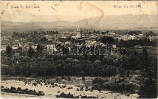 1909 Zsolna, Sillein, Zilina; látkép / general view + ZSOLNA - GALÁNTA - BUDAPEST 45. SZ. A vasúti mozgóposta bélyegző (r)