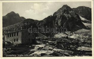 1932 Tátra, Magas-Tátra, Vysoké Tatry; Teryho chata u Peti Spis. Ples / Téry menedékház, Szepesi-Öt-tó / chalet, tourist house, lake, mountain peak (EK)