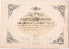 Kisujszállás 1910. Kisujjszállási Népbank Részvénytársaság részvénye 100K-ról szelvényekkel, szárazpecséttel T:II