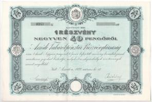 Aszód 1928. Aszódi Takarékpénztár Részvénytársaság részvénye 40P-ről szelvényekkel, szárazpecséttel T:III