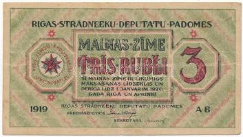 Lettország / Rigai Munkásszervezet 1919. 3R T:III Latvia / Rigas Workers Deputies Soviet 1919. 3 Rubli C:F Krause R2