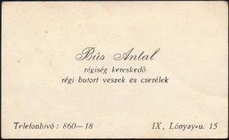 cca 1930-35 Budapest, IX., Lónyay utca 15, Bús Antal régiségkereskedő, régi bútort veszek és cserélek, névjegykártya, hajtásnyommal