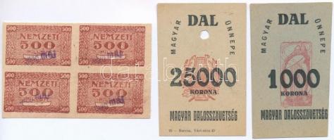 ~1920. Nemzeti 500f (4db, vágatlan négyes tömbben) + ~1923. Magyar Dalosszövetség 1000K, 25.000K T:II