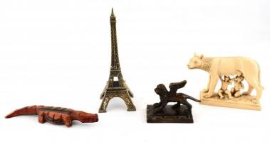 Vegyes asztali szobrok, dísztárgyak: Eiffel torony, Romulus és Remus (műgyanta). fa krokodil, réz szárnyas oroszlán