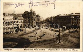 1926 Budapest VI. Berlini tér a Teréz körúttal, Nyugati pályauvar, vasútállomás, Moskovics Emil üzlete, Hotel Westend szálloda, villamos