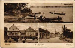 Budapest XXII. Nagytétény, Duna részlet, csónakok, Löwy kastély, Fő utca, üzlet. Stampf Béla kiadása (EK)