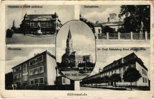 1937 Budapest XV. Rákospalota, Szanatórium, Városháza, Hősök szobra, emlékmű, autóbusz, Gimnázium, Dr. Gróf Klebelsberg Kunó polgári iskola, Római katolikus templom (EB)