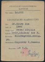 1954 Légoltalmi igazolvány kaposvári állategészségügyi szolg. pk. részére, több bejegyzéssel