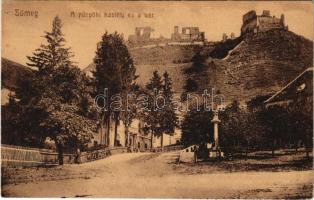 1920 Sümeg, Püspöki kastély és a vár, utca. Horvát Gábor kiadása + TAPOLCZA - BUDAPEST 394 B vasúti mozgóposta bélyegző (EK)