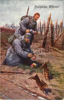 Fröhliche Ostern! / WWI Austro-Hungarian K.u.K. military art postcard, Easter greeting, soldiers with rabbits and eggs s: C. Benesch (EK)