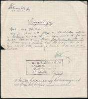 1919 Szolgálati jegy. Bp., 1919. február 8. 1 lev. 1 beírt oldal. A levélíró Wirkmann Ödön főhadnagy, okleveles mérnök jelzi, hogy 1918 december 4-én szerelt le. A Magyar Vasútezred gazadasági hivatala pecsétjével. A túloldalon a parancsnok aláírásával hitelesíti az állítást. Hajtásnyommal, apró szakadással. 23x21 cm