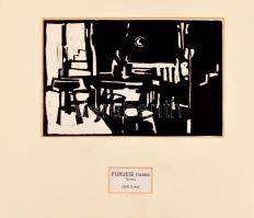 Fürjesi Csaba (1969-): Terasz. Linómetszet, papír. Üvegezett fa keretben. 14,5x21 cm