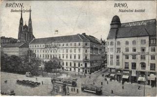 1916 Brno, Brünn; Nádrazní koliste / Bahnhofplatz / railway station, trams, shops, hotel (EK)
