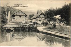 1909 Miedzygórze, Wölfelsgrund; Hotel zur guten Laune und Gartenhaus / hotel, garden, fountain. Verlag A. Walzel
