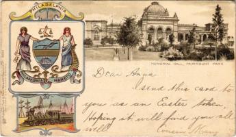 1902 Philadelphia (Pennsylvania), Memorial Hall, Fairmount Park, coat of arms, locomotive. Raphael Tuck & Sons Heraldic Postcard No. 5025. Art Nouveau, Emb. litho (EK)